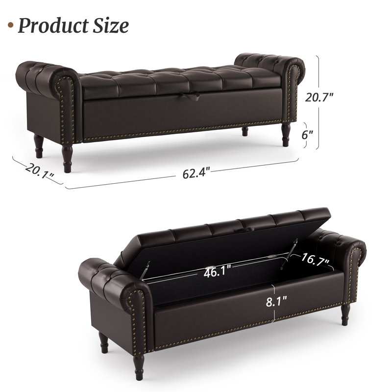 Banc de rangement rembourré Dawsey, H 20,7 po x l 62,4 po x P 20,1 po, Simili cuir brun foncé