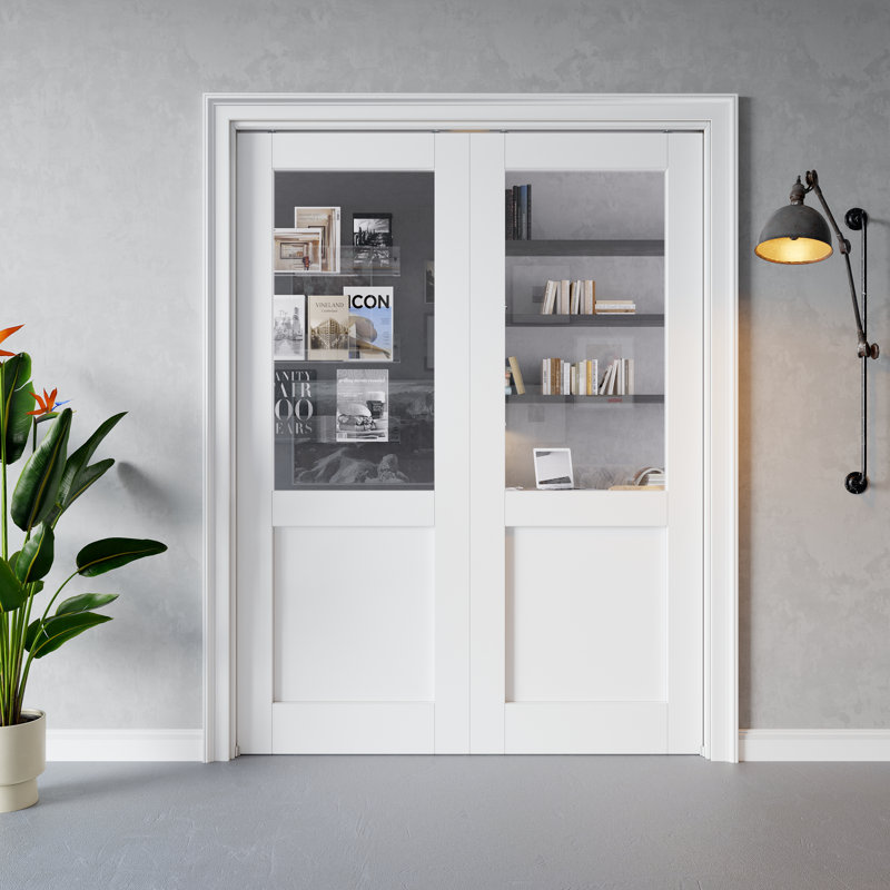 Porte intérieure semi-vitrée en verre clair, portes coulissantes doubles à galandage en MDF CARB P2 et verre trempé SGCC, avec cadre renforcé et quincaillerie incluse, porte coulissante pour chambre à coucher, préfinie et imperméable, teinture facile à appliquer soi-même, pour garde-manger, chambre à coucher, salle de bain et placard, 122 cm x 203 cm