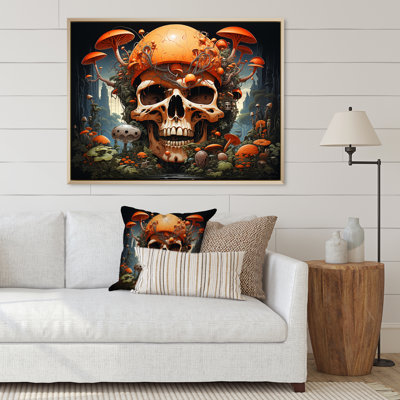 Tête de mort souriante, champignons orange, impression d'Halloween
