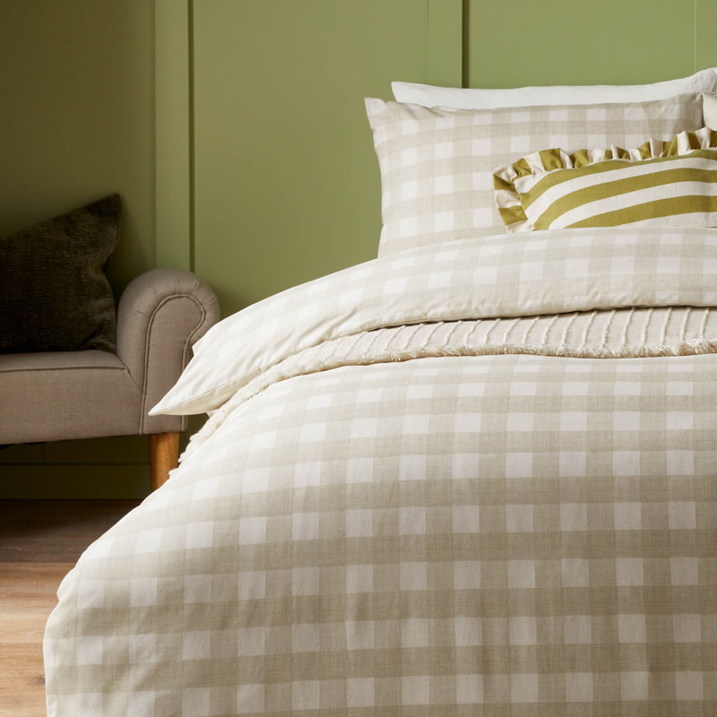 Hartsford Check Classic Polyester Chequered Duvet Cover Set with Pillowcases, Beige, Kingsize Duvet Cover Set + 2 Pillowcases