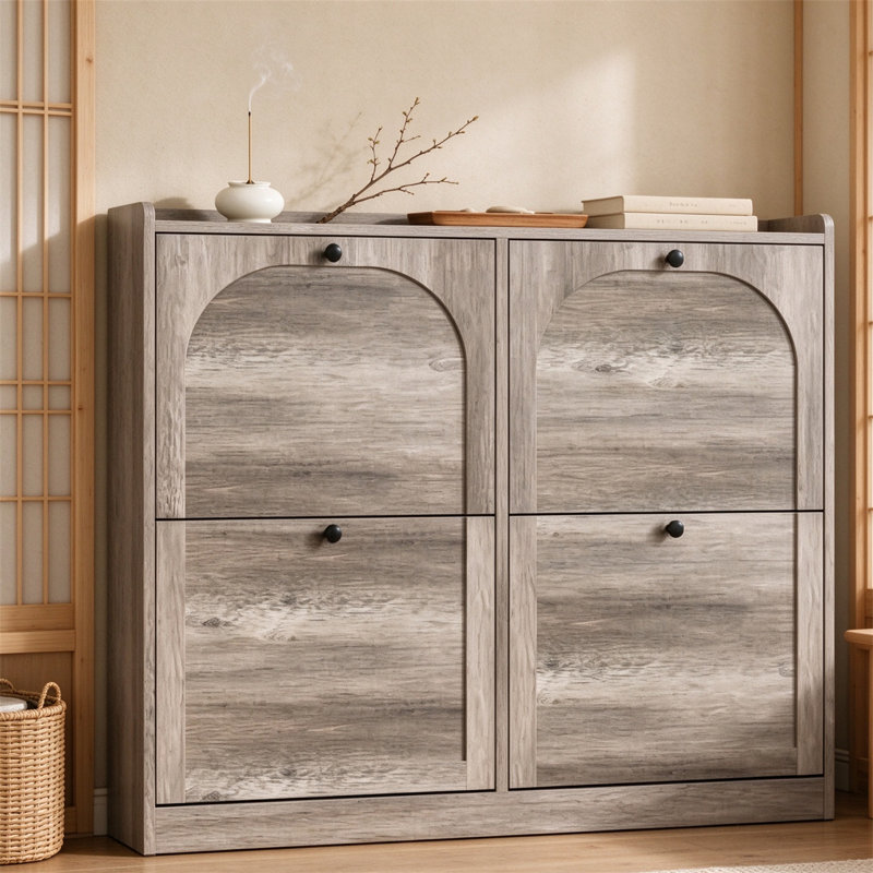 Arched Slim Shoe Cabinet — 4 Flip-Open Drawers + 2 Side Entry Hooks — Holds 16–24 Pairs — 3-Position Adjustable & Removable Shelving — Narrow Entryway Shoe Storage