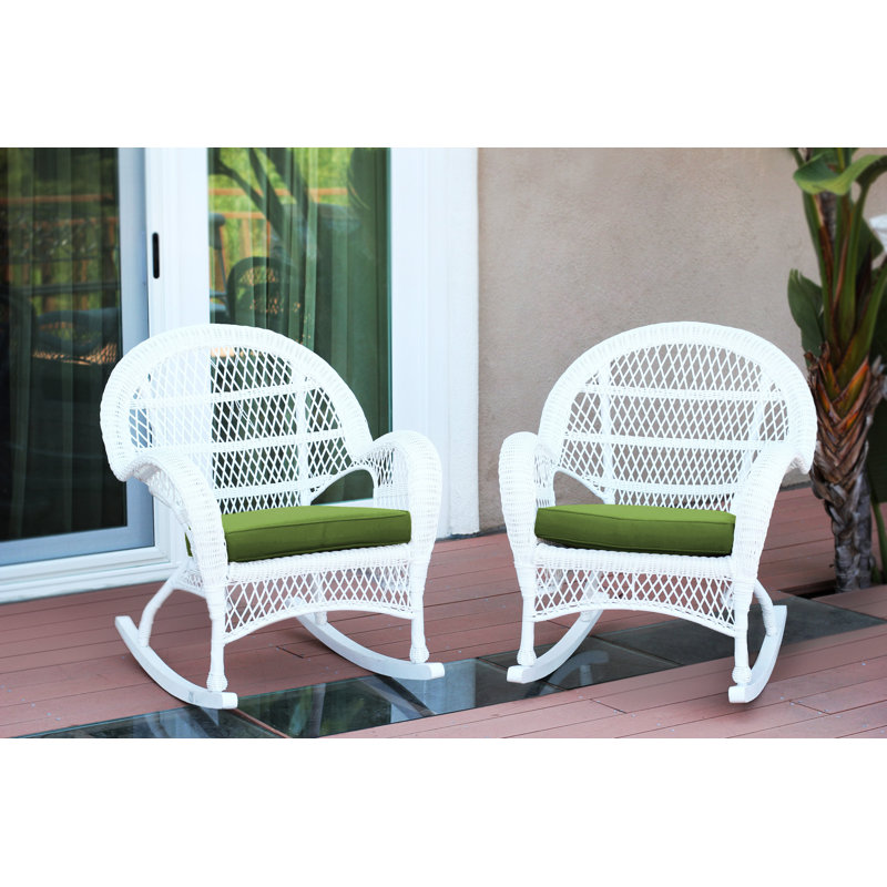 Chaise berçante en osier avec coussins Berchmans, Blanc, Vert chasseur