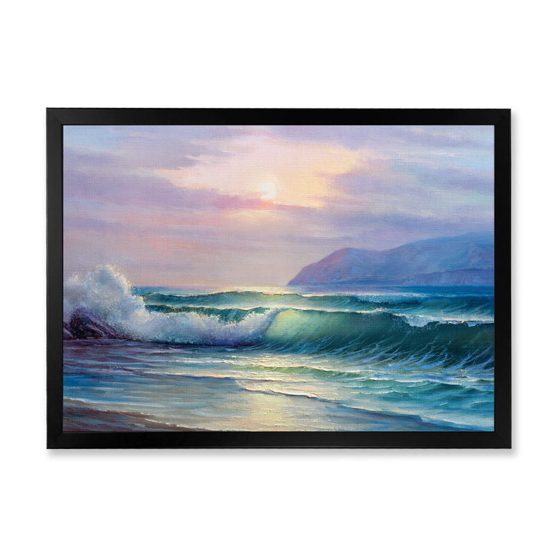 «Beautiful Green Ocean Sunset And Waves», reproduction sur toile flottante, H 24 po x l 36 po x P 1 po, Cadre noir