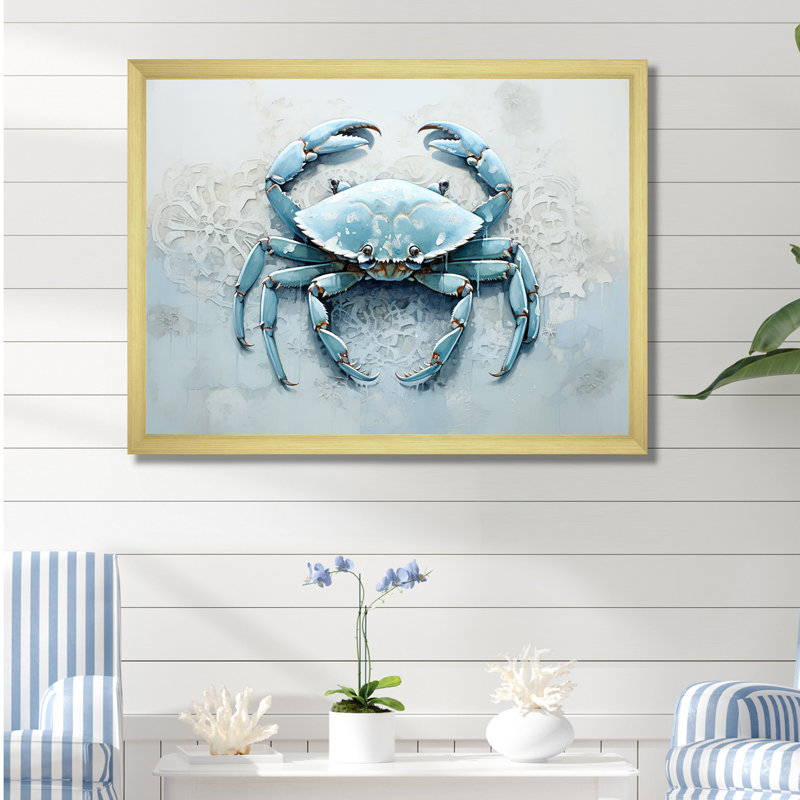 Minimalisme bleu crabe impression I - impression sur toile crabe, Cadre doré, H 12 po x l 20 po x P 1 po
