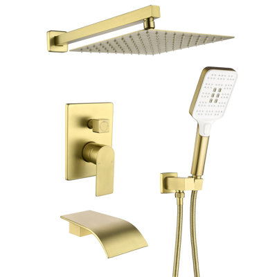 10 Inch Wall Mount Shower System With Hand Shower Single Handle Shower Faucet Set Waterfall Brass Shower Trim Kit With Tub Spout