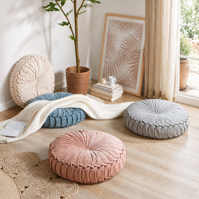 Poly Chenille Round Floor Pillow Cushion, Aqua