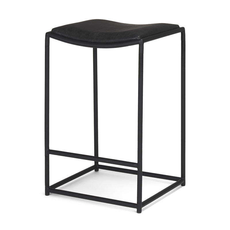 Chaise de bar noire à hauteur de comptoir en cuir véritable et fer