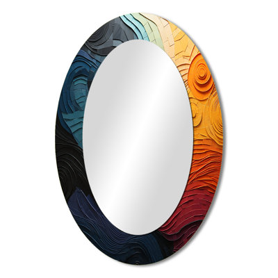 Teal Orange Op Art Rhythmic Illusion II - Abstract Oval Decorative Mirror On Metal