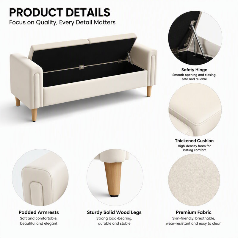Banc de rangement rembourré avec couvercles doubles et accoudoirs, Beige