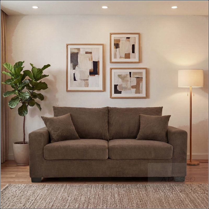 Canapé 69 po à deux places en tissu texturé avec 2 coussins - Pieds en plastique robuste, Fabric Coffee