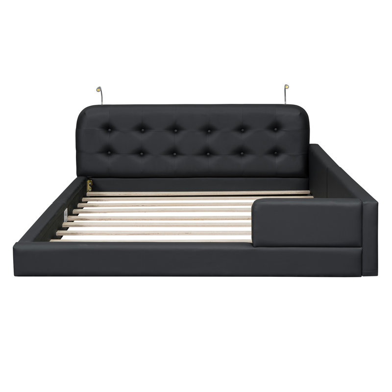 Queen Size Upholstered Platform Bed with 2 Reading Lights, Black