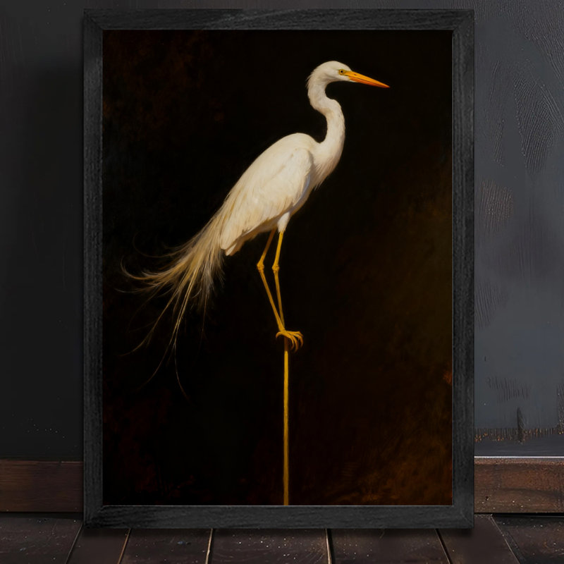 Aigrette blanche rétro encadrée noire - élégance et beauté naturelle, impressions murales de style rétro, H 11 po x l 9 po