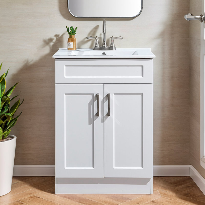 24" Modern 2-Door Free-Standing Single Bathroom Vanity With Ceramic Top, White