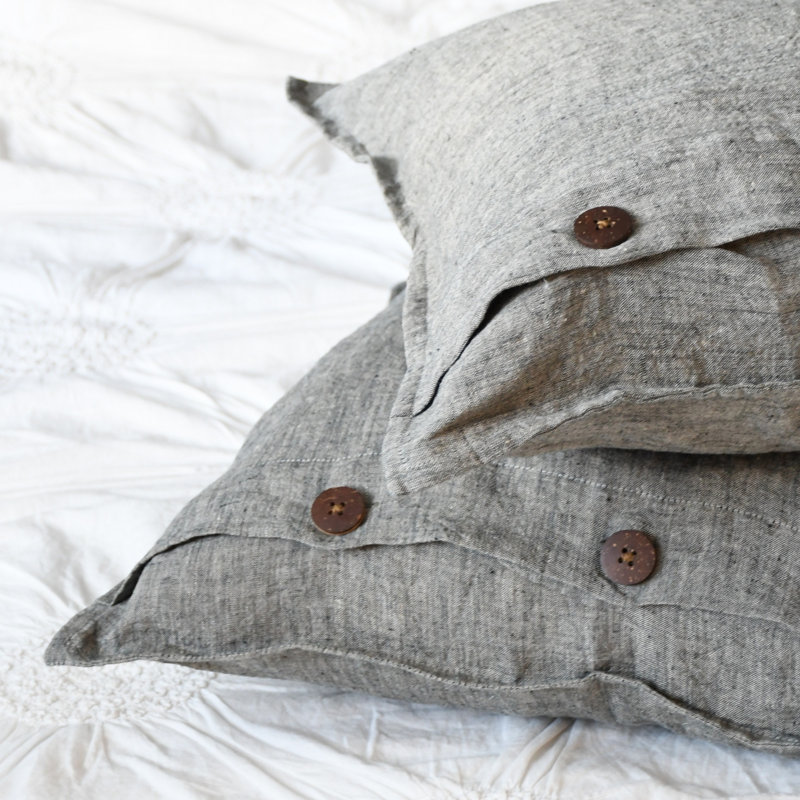India Chic Buttons Linen Pillow Cover, Gray, 20" x 20"