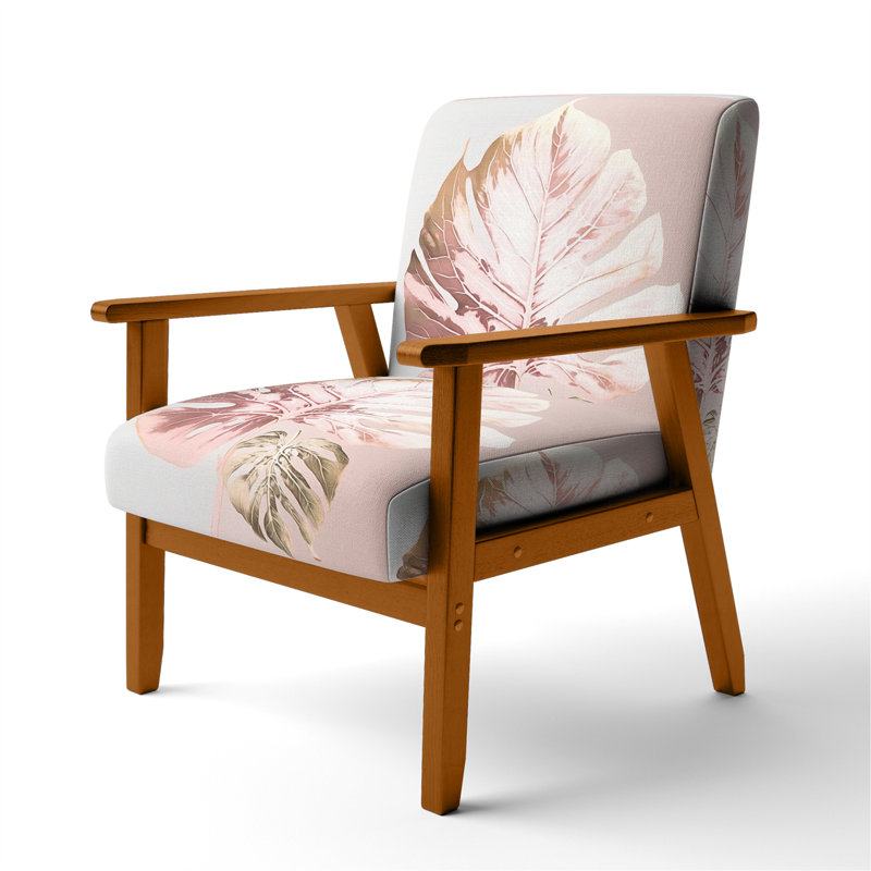 Moorton - Velvet Upholstered Tropical Accent Chair And Arm Chair, Pink/Green Velvet, Brown Square Arms
