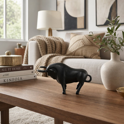 Modern Metal Bull Sculpture Figurine Object for Living Room Decoration - Decorative Animal Accent Statue for Home Shelf or Table Decor - 10", Black