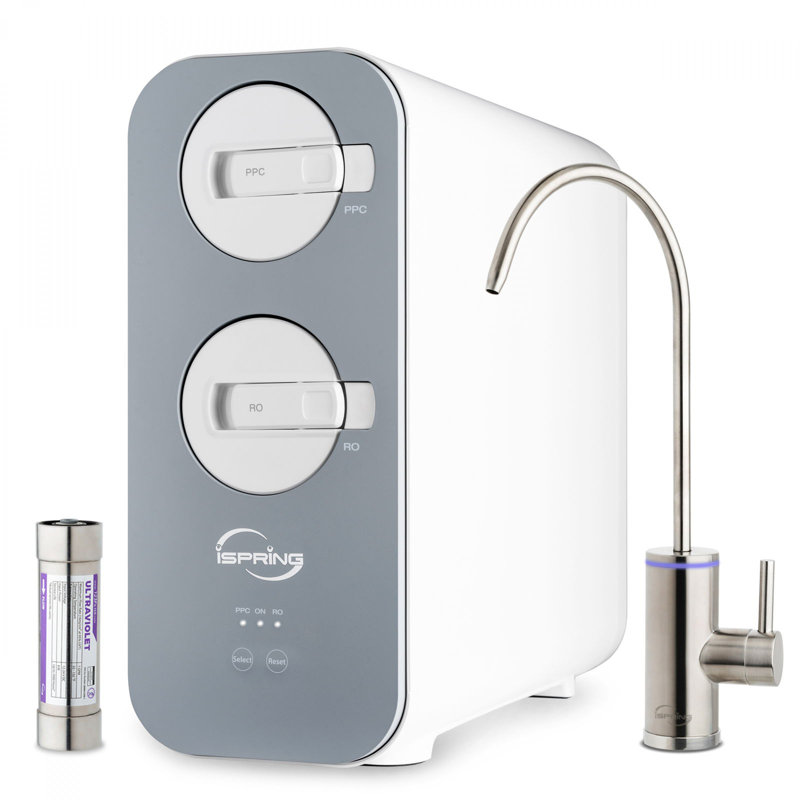 Système d'osmose inversée sans réservoir iSpring RO800G + UVF8 avec lumière UVF8 à DEL, système à débit rapide 800 GPD, système de filtre à eau à rapport de pureté 2,5: 1 RO, robinet en nickel brossé