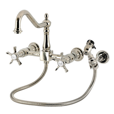 Kingston Brass Hamilton Double-Handle 3-Hole Wall-Mount Bridge Kitchen Faucet With Brass Sprayer