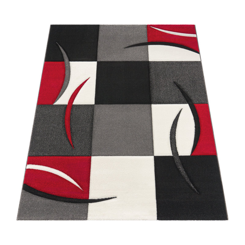 Tapis géométrique tissé à la machine Currelly en rouge / noir / gris, Rectangle 2 pi x 3 pi 7 po