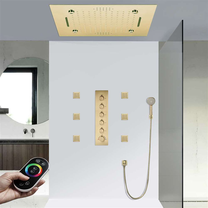 Ensemble de douche thermostatique à DEL avec pluie et jets multiples, Or brossé, Bouton