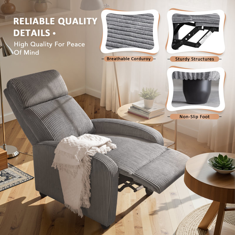 Manual Recliner, Comfortable Corduroy Recliner with Upholstered Back and Seat Cushion, Gray