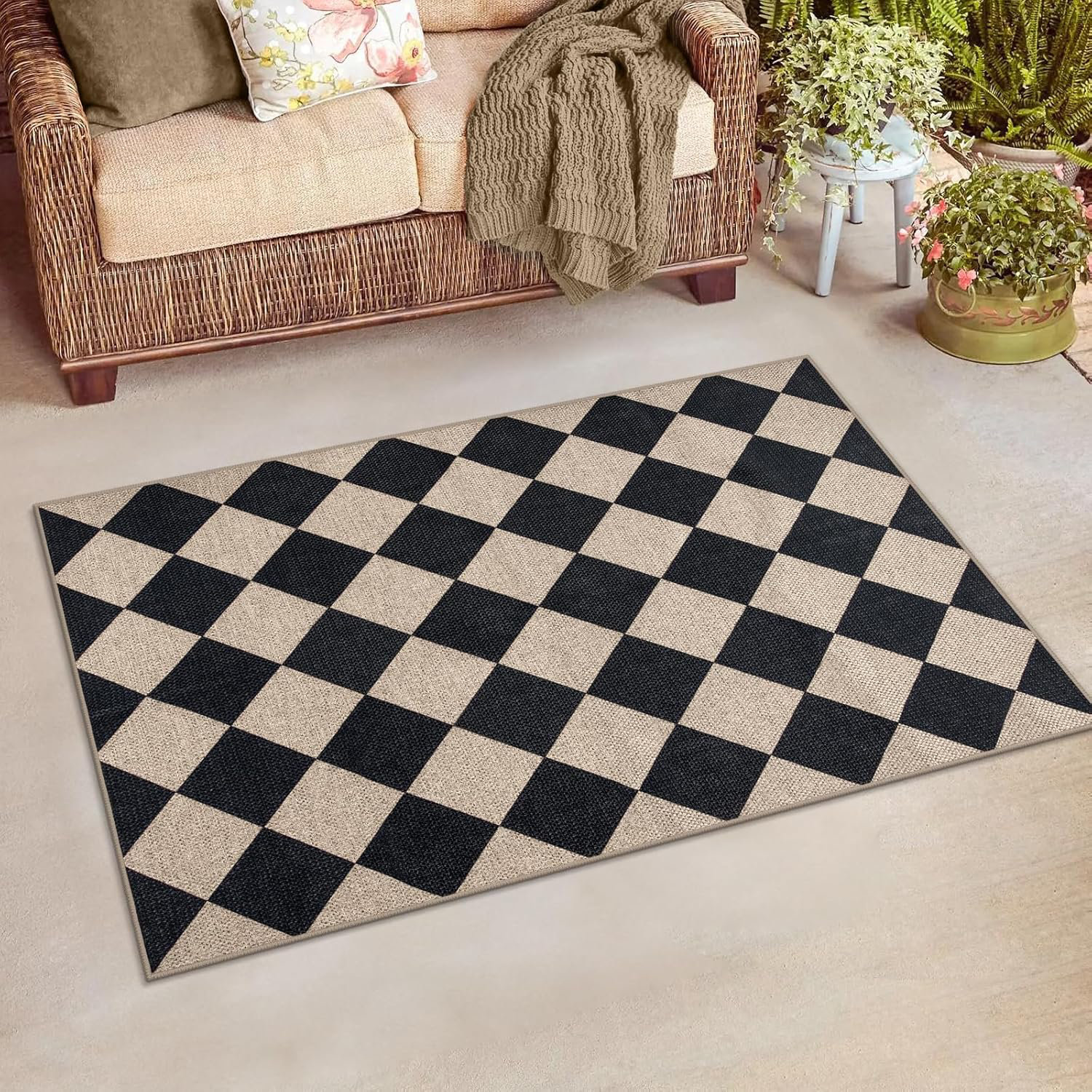 Corrigan Studio® 3x5 Outdoor Check Patio Washable Rug for Entryway ...