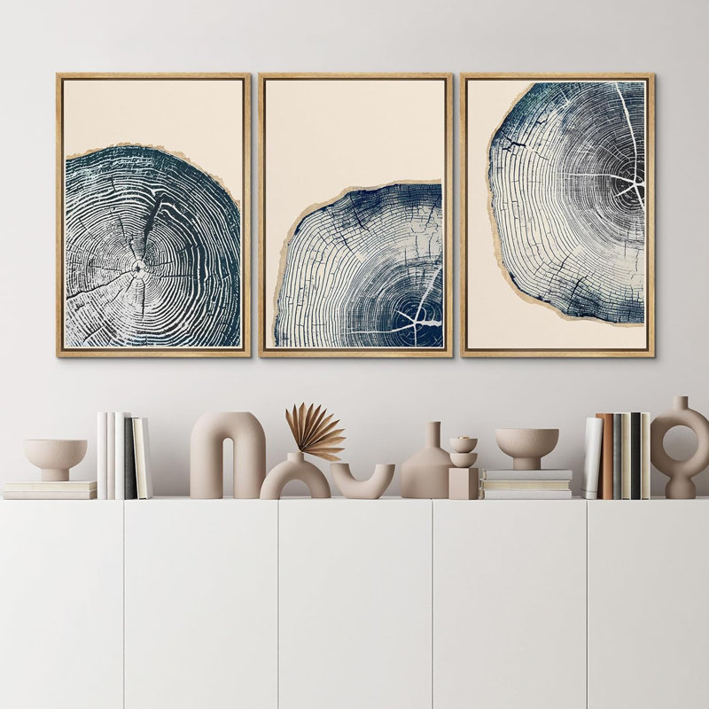 Tree Ring "Navy Blue Wood Stump Artwork, Organic Modern Rustic Woodland Wall Pictures, Framed Canvas Giclée Print 3 Pieces Wall Art" 16"x24"x3 pcs, 24"x36"x3 pcs