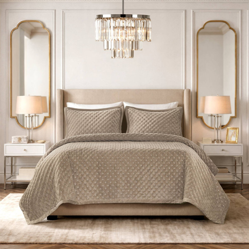 Ensemble de literie en velours Queen, couvre-lit matelassé taupe pour chambre à coucher - 1 pièce