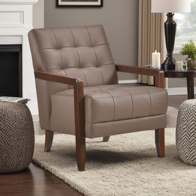 Fauteuil Lenie, cuir capitonné, bois de noyer