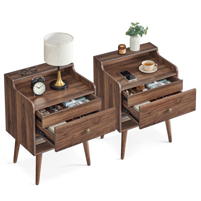 2 Drawer Nightstands With Hidden Drawers, Solid Wood Legs