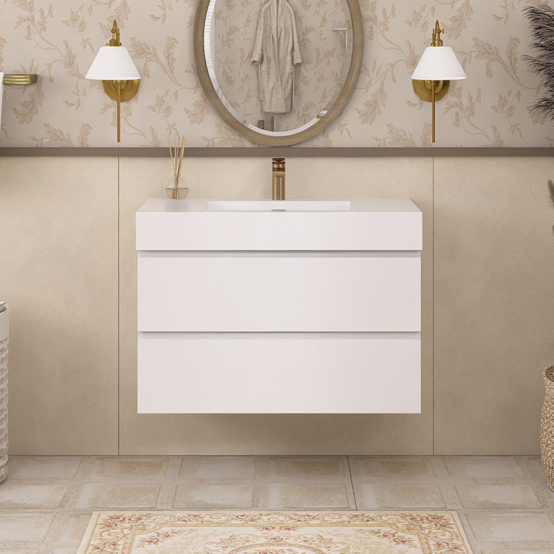 Meuble-lavabo simple 35,8 po avec surface solide Sibin, Blanc, Blanc