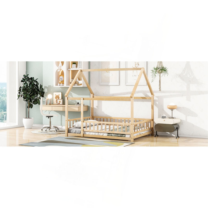 Full Size Floor Wooden Bed With House Roof Frame, Fence Guardrails And Natural Design