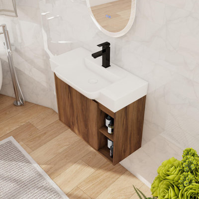 Bathroom Vanity Set, Single Wall Mounted Bathroom Vanity With Ceramic Basin Sink Top, Floating Vanity With 1 Door And Shelf