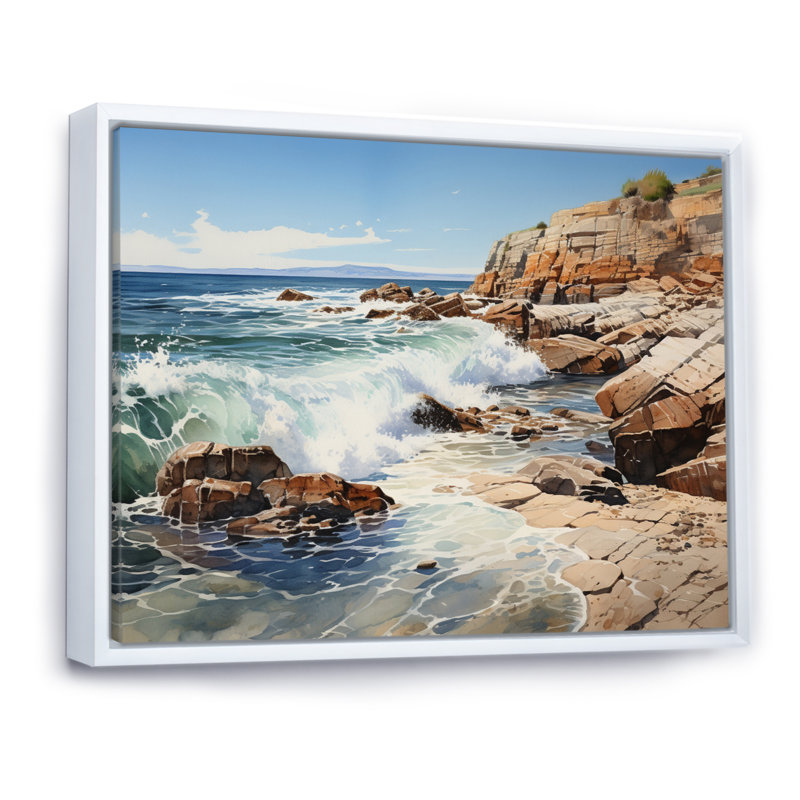 Sachem Rocky Beach, textures rocheuses sur toile, H 30 po x l 40 po x P 1,5 po, Cadre flottant blanc