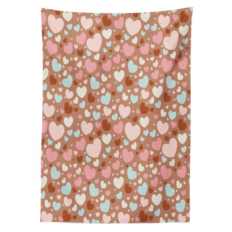 Ambesonne Love Tablecloth, Valentine Love With Colorful Hearts Birthday Creative Marriage Art, Rectangular Table Cover For Dining Room Kitchen Decor, 52" X 70", Pale Brown Pink Blue