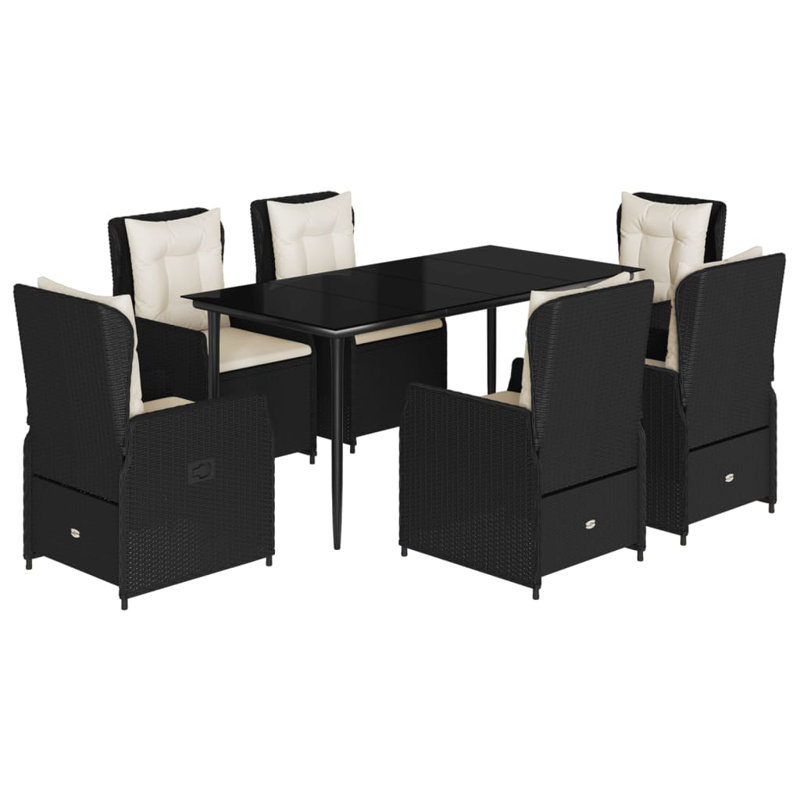  Ensemble de salle à manger de jardin noir, 7 pièces en rotin PE blanc crème, 6