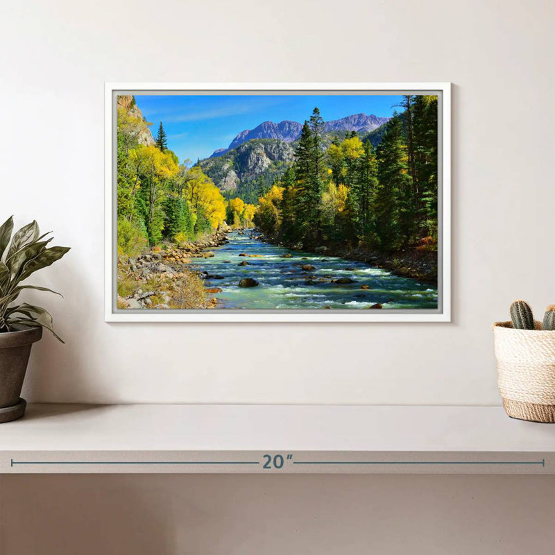 Montagne avec rivière, Cadre flottant blanc, 13 po x 9 po