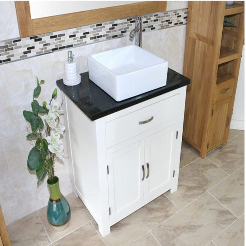 Robeson 750mm Single Bathroom Vanity with Vessel Ceramic Basin, White, Black Quartz