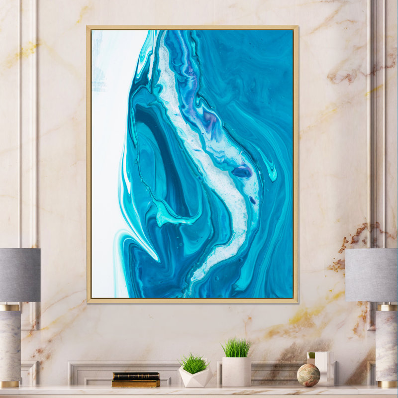 Décoration murale moderne sur toile en marbre turquoise de luxe II, H 32 po x l 16 po x P 1 po, Cadre flottant brun