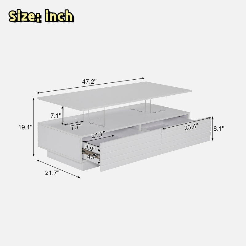 Modern Rectangular Coffee Table With Led Lights, 2 Drawers And Open Storage Shelf, White