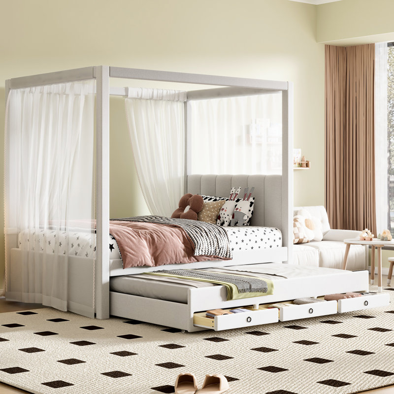 Lit plateforme simple avec auvent, lit gigogne et compartiments de rangement, lit à baldaquin tapissier beige