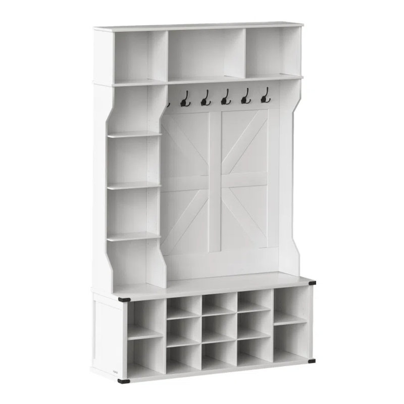 Hall Tree 51.2'' Wide with Bench and Shoe Storage, Adjustable Shelves, White