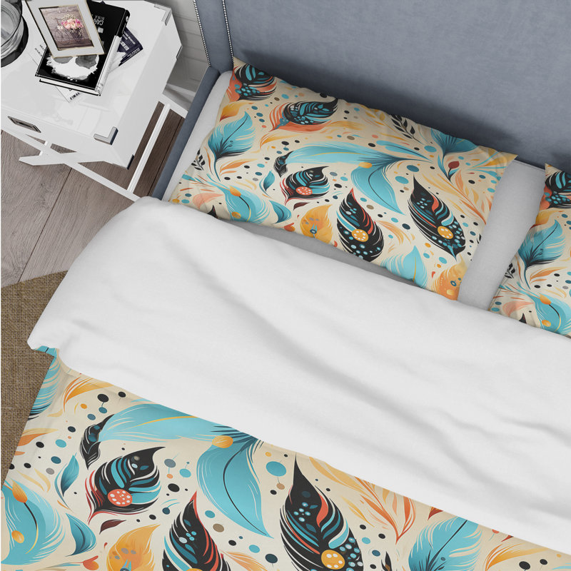 Ensemble de housse de couette éclectique jaune et bleu Boho, Housse de couette pour grand lit et 2 taies décor