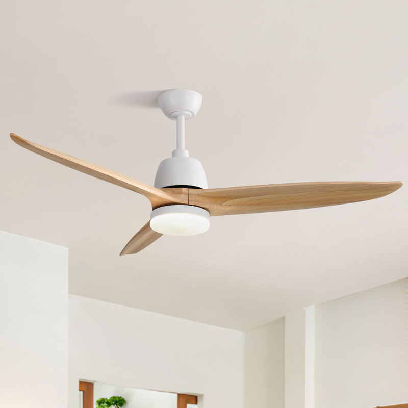   Kemp 56" 3-Solid Wood Blade Propeller Ceiling Fan with Remote Control and LED Light Kit, White with Burlywood Blades