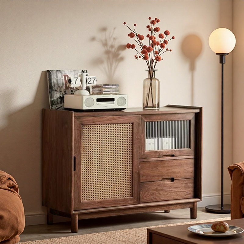 Buffet décoratif simple en verre tissé de rotin, H 33,86 po x l 43,31 po x P 15,75 po