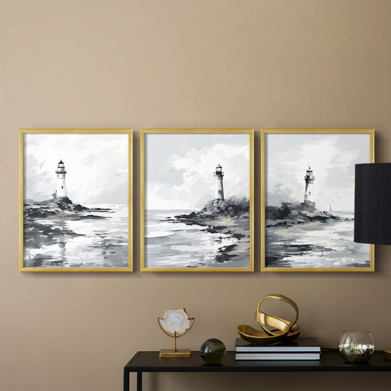 Série Sea and Shore Cxxiii - Ensemble de 3 estampes numériques encadrées - Prêt à être accroché, Cadre doré