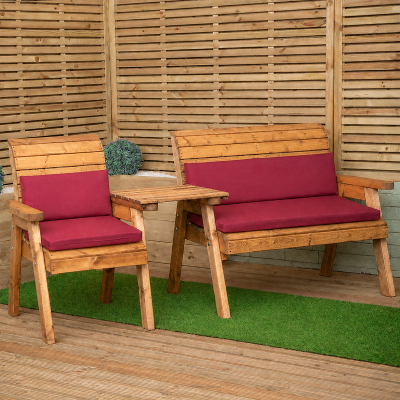 3 Seater Chunky Rustic Wooden Furniture Set with Straight Tray & Burgundy Cushions