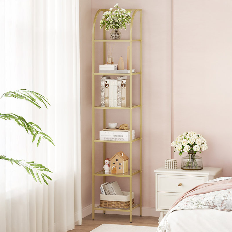 Bookcase, Narrow Bookcase Shelving Unit for Living Room, Office, Sturdy, Bedroom, Industrial , Gold