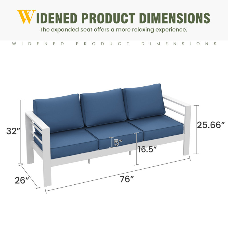3-Person Aluminum Sofa With Cushion, Navy, White