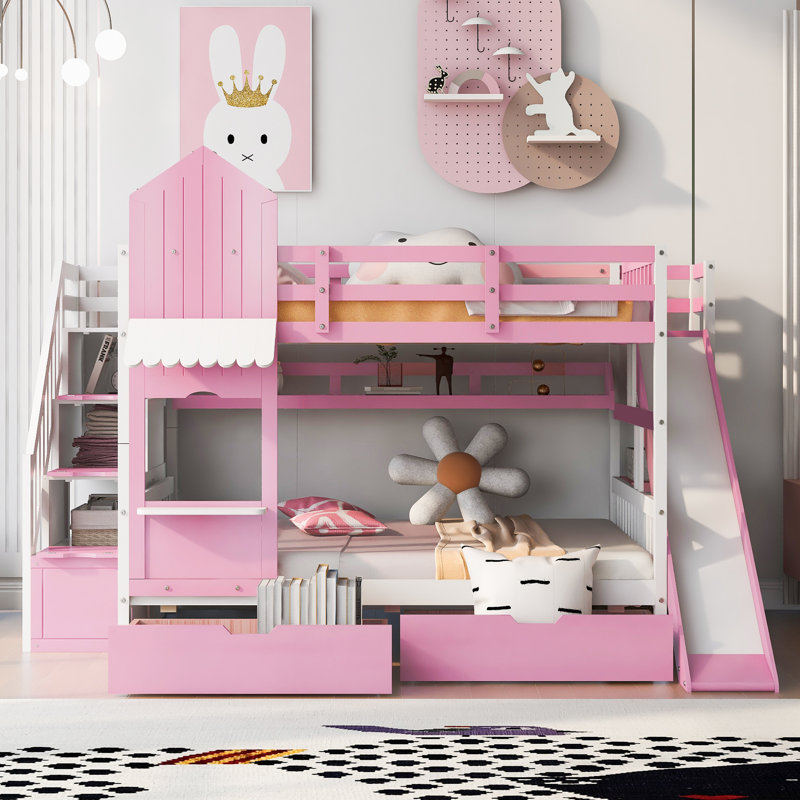 Full-Over-Full Castle Style Bunk Bed With 2 Drawers 3 Shelves And Slide - Pink, Full Over Full, Pink
